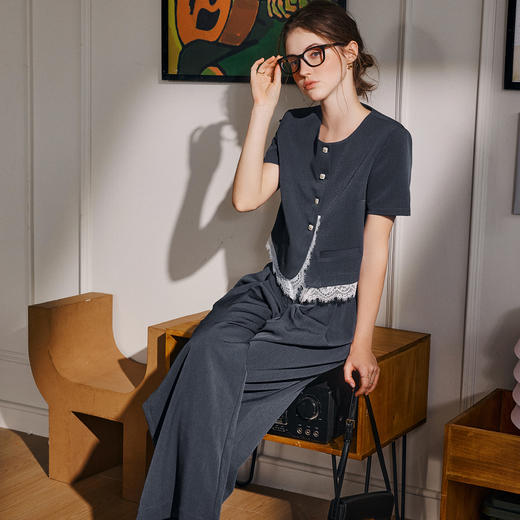 OLrain欧芮儿时尚套装女夏季2025年新款通勤拼接蕾丝两件套 商品图3