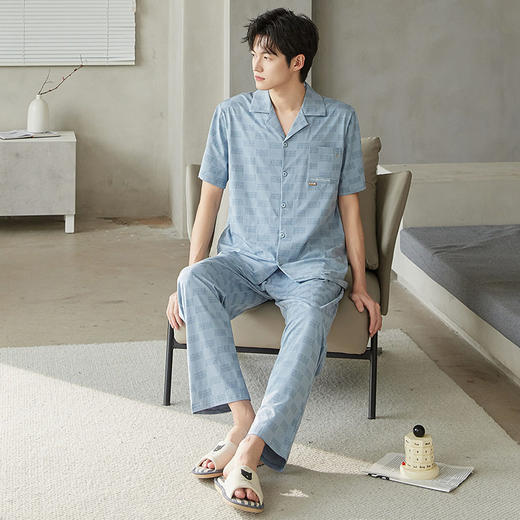 夏季莫代尔短袖男士睡衣可外穿翻领长裤家居服舒爽开衫青年套装   JL-TMZ5538 商品图3