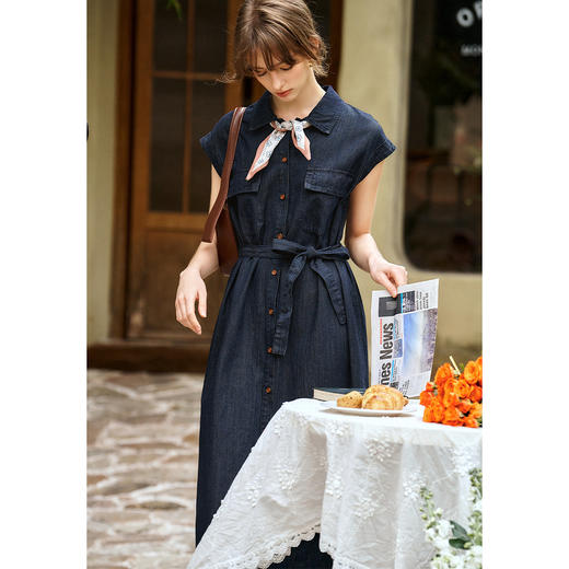 OLrain欧芮儿2025新款夏牛仔衬衫领休闲收腰通勤显瘦短袖连衣裙女 商品图3