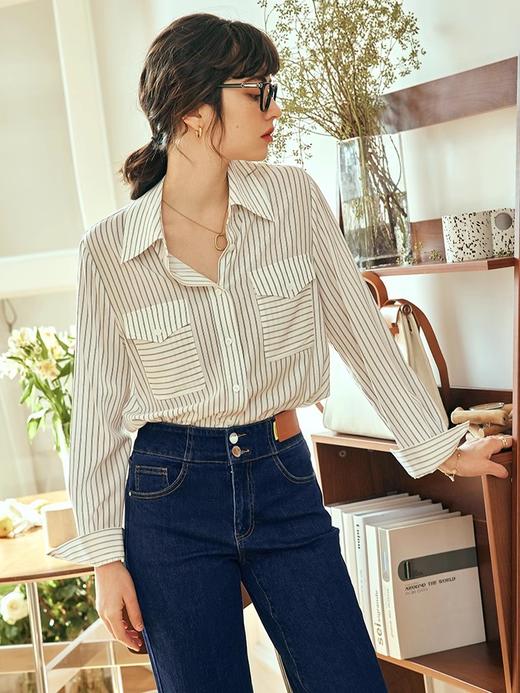 OLrain欧芮儿法式蓝色条纹衬衫女春季2023年新款宽松洋气长袖衬衣 商品图1