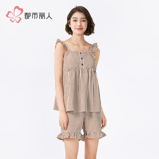 都市丽人舒适外出女士梭织棉背心套装薄梭织色织格无袖类LHH2E6 商品图1