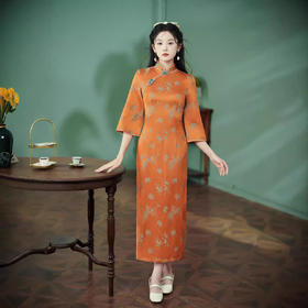 改良日风修身，提花丝绸橙色旗袍XL1138