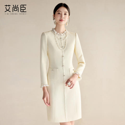 艾尚臣花边领小香风连衣裙女2025春季新款长袖修身显瘦中长西装裙 商品图0