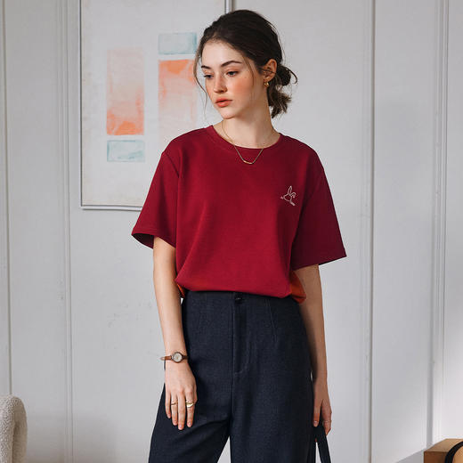 OLrain欧芮儿红色短袖T恤女夏季2025年新款百搭刺绣圆领上衣 商品图3