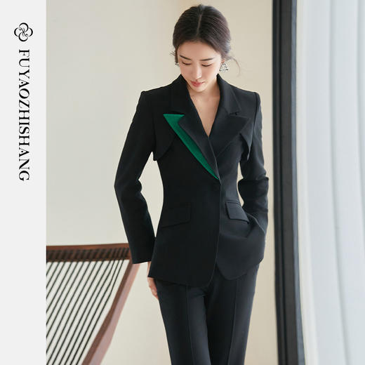 FUYAO扶摇 黑色新中式高定轻奢西装套装女国风气质修身西服两件套 商品图1