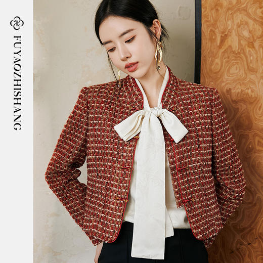 FUYAO扶摇 红色彩呢精纺羊毛短外套女春季编织立领经典小香风上衣 商品图3