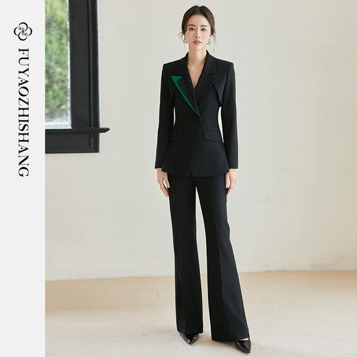 FUYAO扶摇 黑色新中式高定轻奢西装套装女国风气质修身西服两件套 商品图3