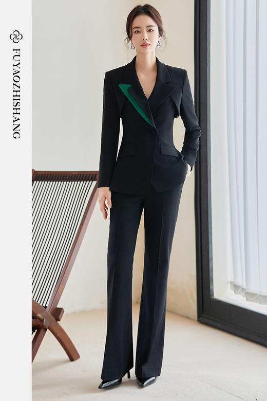 FUYAO扶摇 黑色新中式高定轻奢西装套装女国风气质修身西服两件套 商品图5