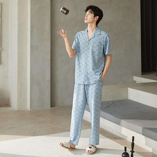 夏季莫代尔短袖男士睡衣可外穿翻领长裤家居服舒爽开衫青年套装   JL-TMZ5538 商品图2