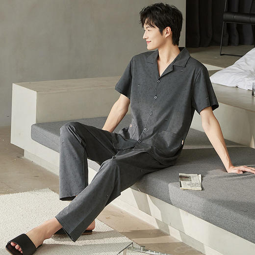 夏季男士睡衣纯棉短袖长裤可外穿爽棉中年翻领家居服开衫套装新款   JL-TMZ5523 商品图2