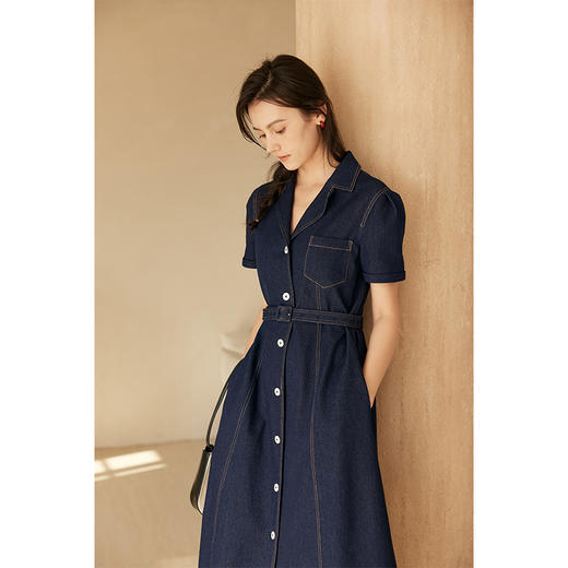 HeyDress复古翻领牛仔连衣裙女夏季法式收腰显瘦设计气质a字裙 商品图0