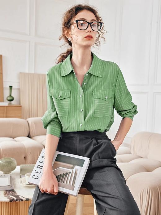 OLrain欧芮儿法式蓝色条纹衬衫女春季2023年新款宽松洋气长袖衬衣 商品图2