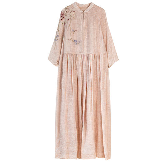 牧衣游原创 手工刺绣苎麻炒色连衣裙新品轻薄文艺气质长裙 清溪 商品图4