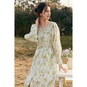 HeyDress法式天丝植物印花连衣裙女春季宽松抽腰收腰气质度假裙子