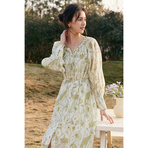 HeyDress法式天丝植物印花连衣裙女春季宽松抽腰收腰气质度假裙子 商品图0