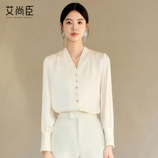 艾尚臣法式高端V领单排扣气质长袖衬衫女2025早春装高级感上衣 商品图2