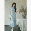 西遇新中式改良旗袍长裙女新款提花盘扣收腰短袖连衣裙SS150112 商品缩略图4