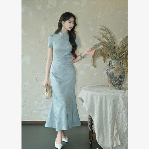 西遇新中式改良旗袍长裙女新款提花盘扣收腰短袖连衣裙SS150112 商品图4