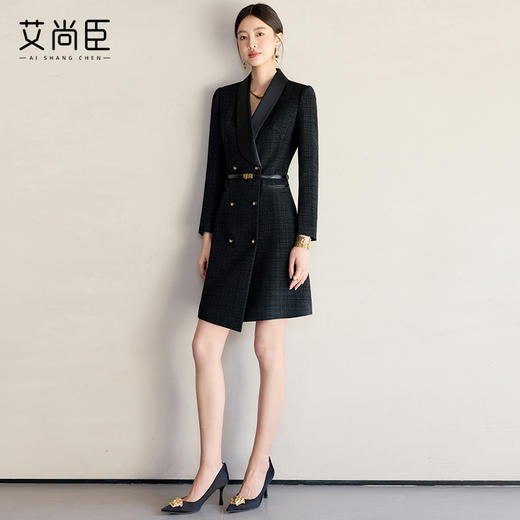 艾尚臣黑色不规则连衣裙女春季小香风通勤职业装裙子轻熟风西装裙 商品图3