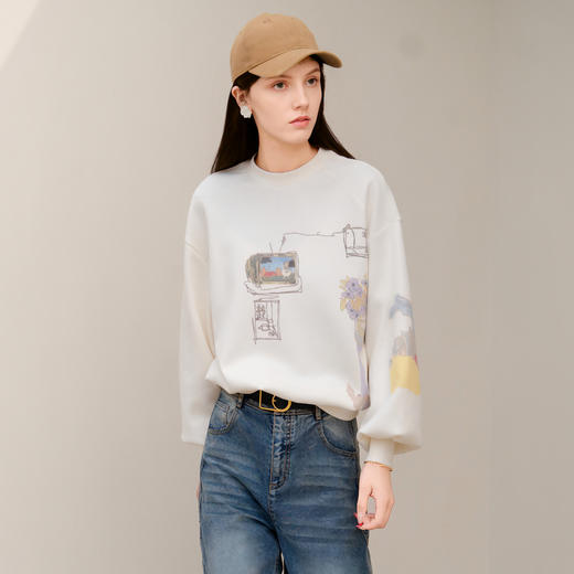 谜底圆领卫衣长袖女2025春新品艺术感印花百搭宽松上衣251MV5009 商品图1