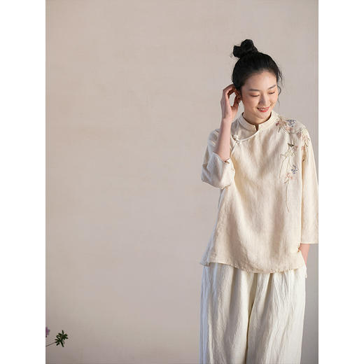 牧衣游原创 手工刺绣汉麻套头衫斜襟圆领七分袖中式上衣 初八弦 商品图2