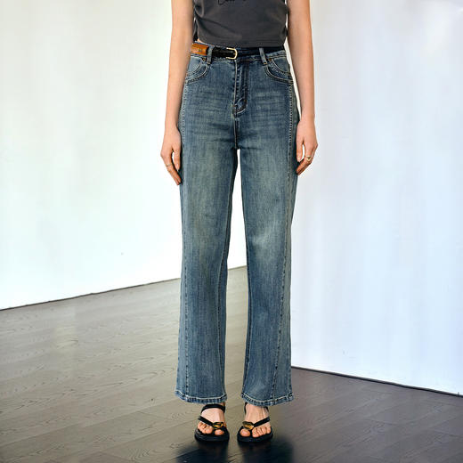 OLrain欧芮儿蓝色高腰牛仔裤女夏季2025新款设计感直筒窄版阔腿裤 商品图0