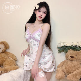 【送蕾丝袜❗性感低领碎花吊带裙】卡通小萌物面料，蕾丝+蝴蝶结可爱俏皮，收腰设计展现性感曲线，大码蕾丝睡裙可外出床上挑逗睡衣家居服QQ