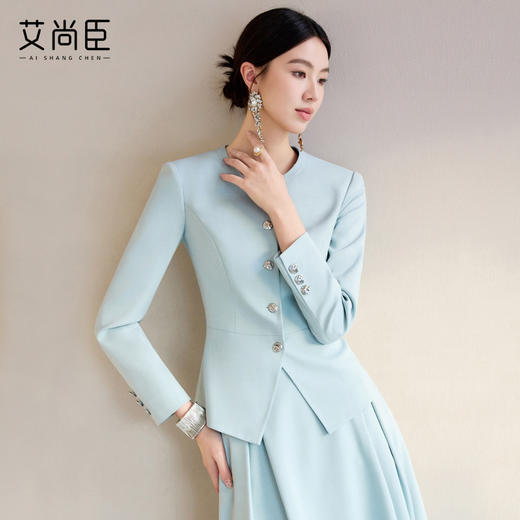艾尚臣冰川蓝主持人西装套装女气质女神范西服职业套裙播音两件套 商品图4