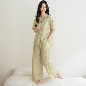 夏季睡衣女士短袖长裤仿真丝薄款开衫家居服冰雪丝翻领套装外穿   JL-TMZ2566