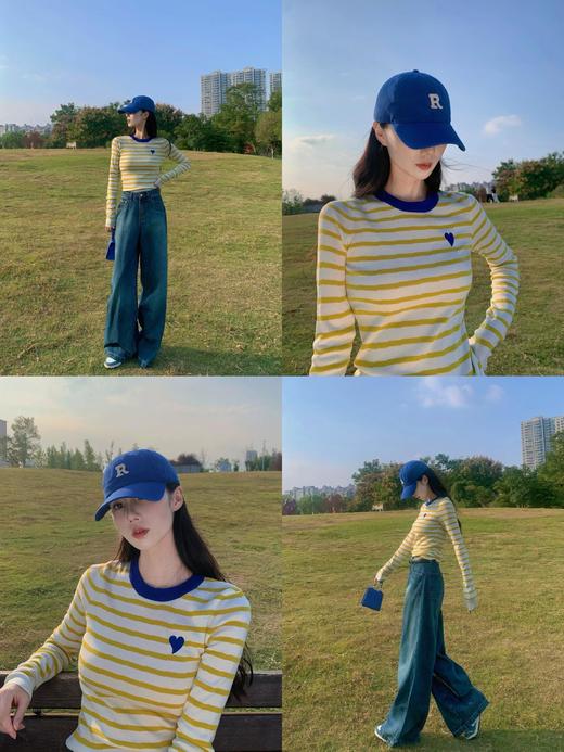 春天明媚刺绣爱心绵羊毛混纺棉针织条纹衫 商品图6