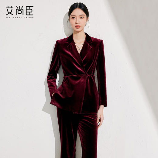 艾尚臣酒红丝绒西装外套女秋冬季显瘦修身新款高级感年会西服套装 商品图1