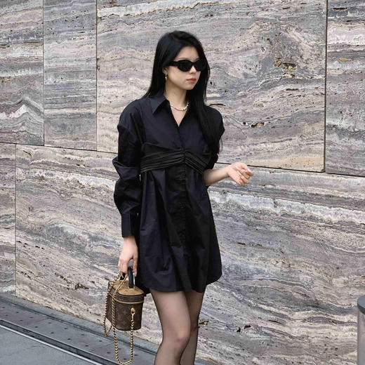 顺丰包邮洛诗琳13403早春设计感假两件中长款翻领衬衫裙60503 商品图1