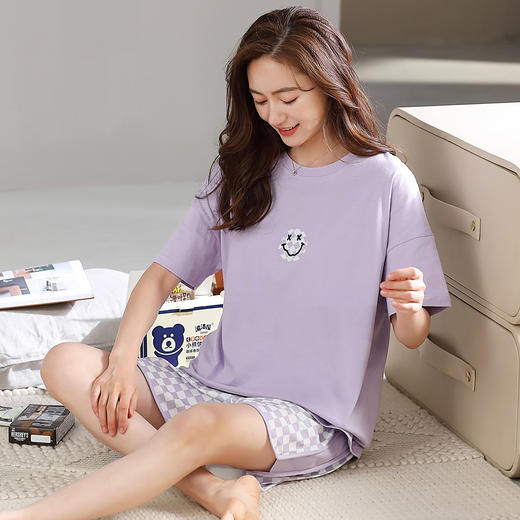 【清仓大促】洁丽雅女士大码家居服睡衣简约舒适亲肤透气短袖短裤套装 商品图1