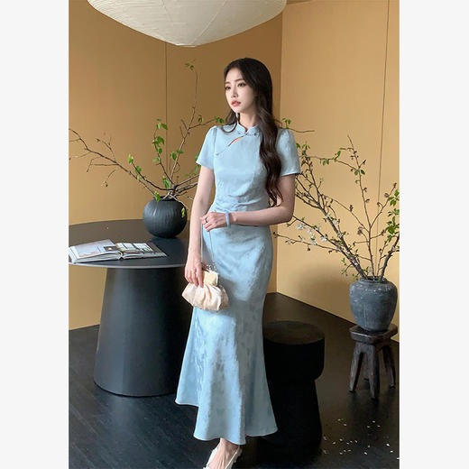 西遇新中式改良旗袍长裙女新款提花盘扣收腰短袖连衣裙SS150112 商品图1