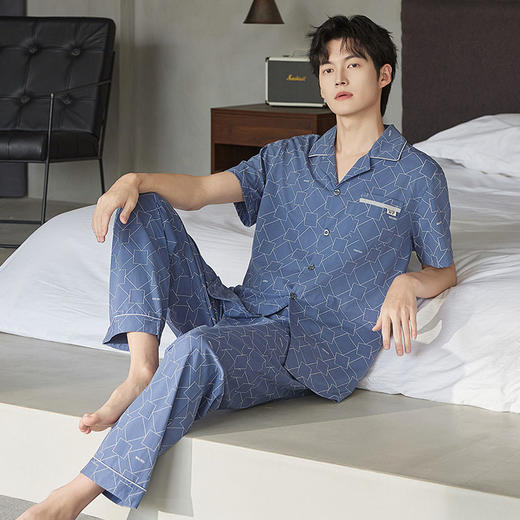 夏季男士睡衣纯棉翻领短袖长裤可外穿爽棉家居服开衫格子套装    JL-TMZ5524 商品图2
