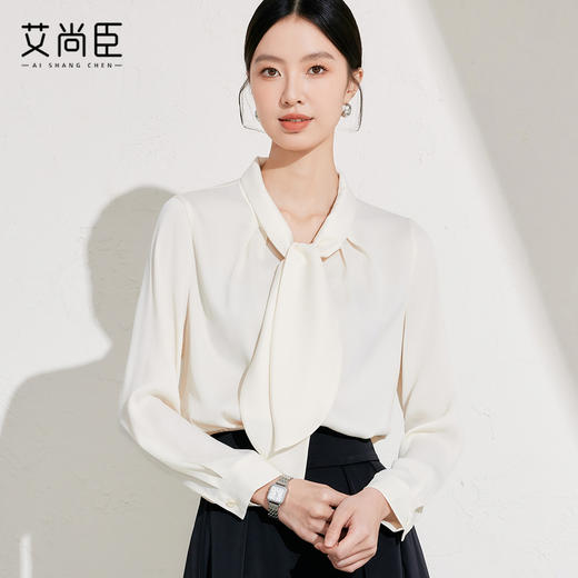 艾尚臣长袖衬衫女2025新款轻熟风设计感杏色兔耳朵系带高级感衬衣 商品图2