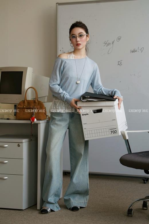 【门店同款】ENJOY春季“盐貌似糖”蕾丝打底斜肩针织 161943940 商品图1