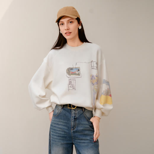 谜底圆领卫衣长袖女2025春新品艺术感印花百搭宽松上衣251MV5009 商品图0