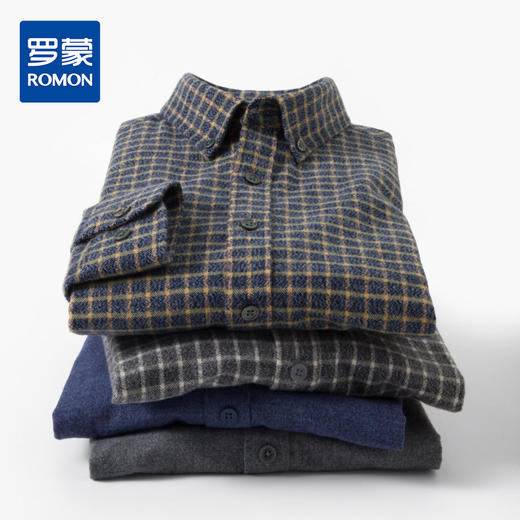【100棉】罗蒙男士全棉磨毛长袖衬衫经典格纹舒适百搭休闲通勤衬衫 商品图0