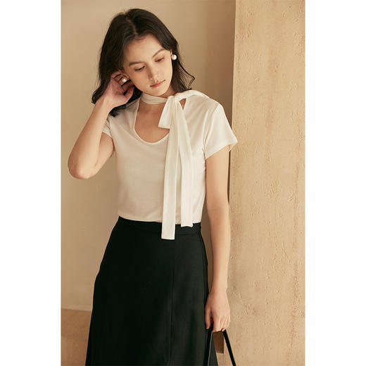 HeyDress飘带圆领T恤女夏季法式宽松显瘦简约百搭短袖白色上衣 商品图0