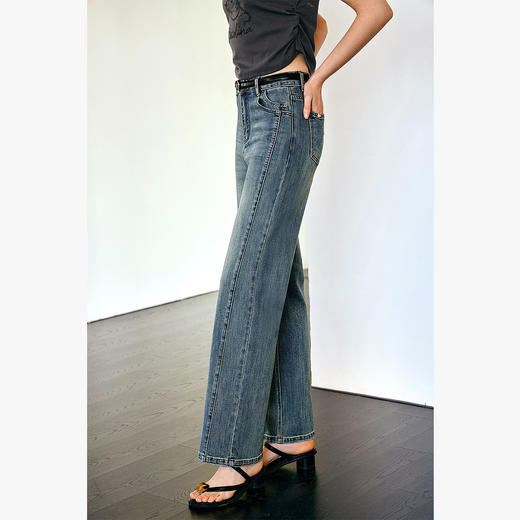 OLrain欧芮儿蓝色高腰牛仔裤女夏季2025新款设计感直筒窄版阔腿裤 商品图1