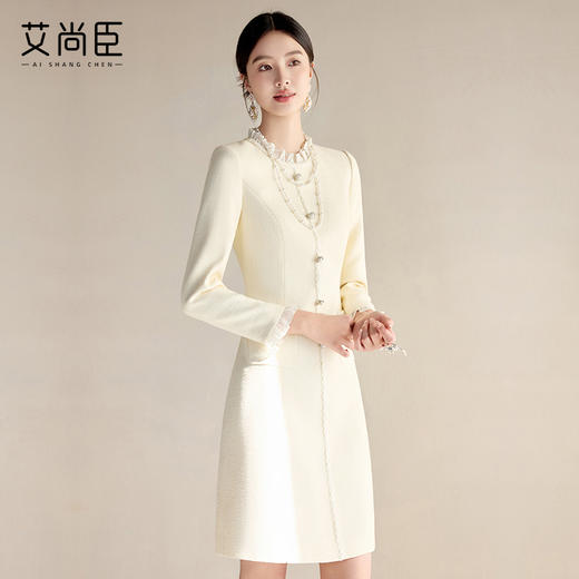 艾尚臣花边领小香风连衣裙女2025春季新款长袖修身显瘦中长西装裙 商品图1