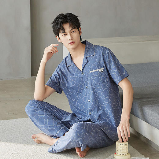夏季男士睡衣纯棉翻领短袖长裤可外穿爽棉家居服开衫格子套装    JL-TMZ5524 商品图0