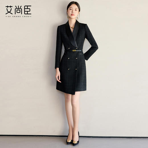 艾尚臣黑色不规则连衣裙女春季小香风通勤职业装裙子轻熟风西装裙 商品图2