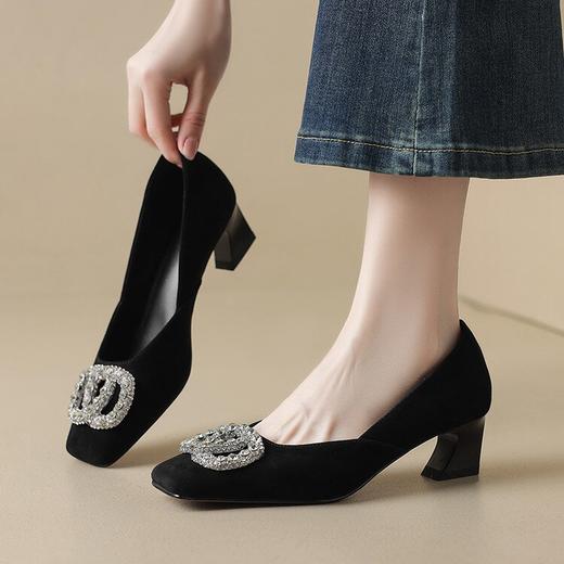 【预售5天】柔软舒适通勤百搭羊翻皮水钻方扣高跟气质单鞋女WXJFG&W412 商品图2
