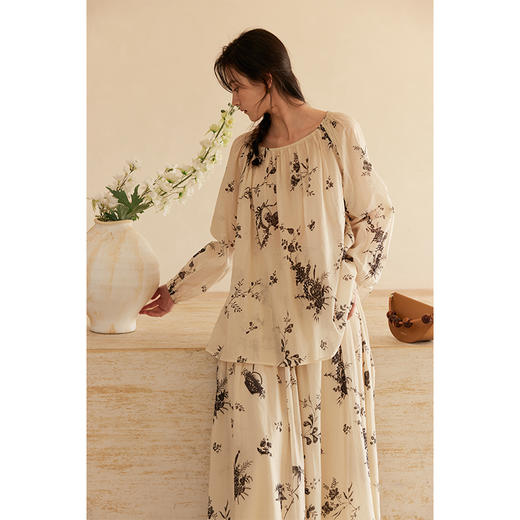 HeyDress法式植物印花衬衫女春季复古宽松纯棉衬衣慵懒气质上衣 商品图0