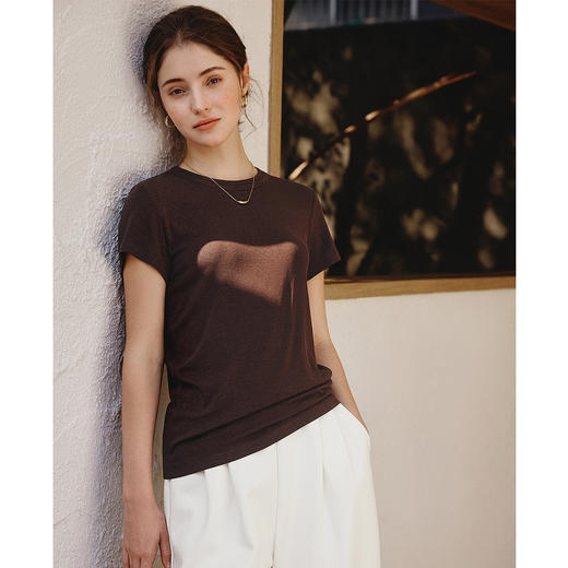OLrain欧芮儿咖色短袖T恤女夏季2025年新款休闲针织圆领上衣宽松 商品图1