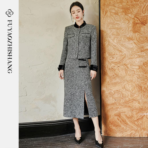 FUYAO扶摇 奢贵羊毛短外套早春新款粗花呢收腰上衣半裙小香风套装 商品图2