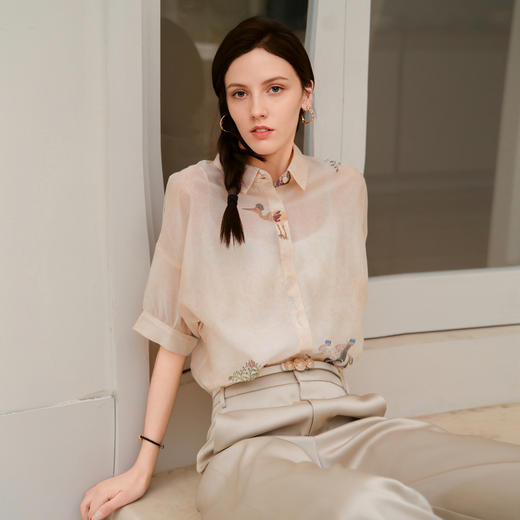谜底微透衬衫七分袖女2025夏季新款复古风提花合体衬衣256MC6008 商品图1