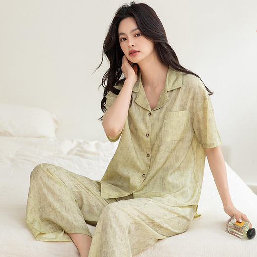 夏季睡衣女士短袖长裤仿真丝薄款开衫家居服冰雪丝翻领套装外穿   JL-TMZ2566 商品图3
